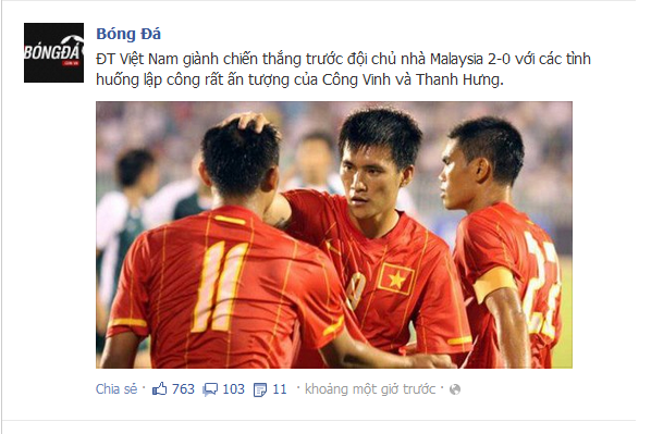Ngay khi trận đấu kết thúc, khắp các fanpage là những dòng status chúc mừng chiến thắng ấn tượng của các cầu thủ Việt Nam...